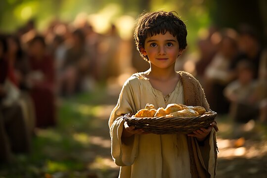 Bringing the boy with loaves and fishes to jesus