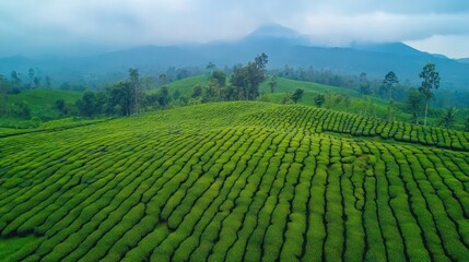 Tea plantation hillscape, misty mountains