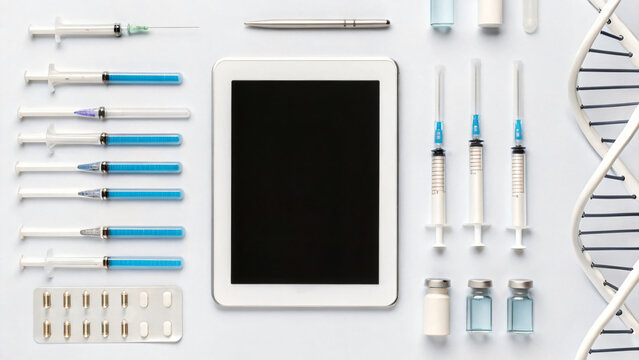 Medical Equipment Layout with Syringes, Tablets, Vials, and DNA Helix on White Background