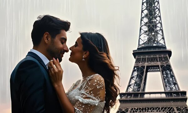 Romantic Couple Kissing in Paris Rain Eiffel Tower Background Video