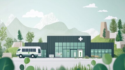 Modern healthcare facility surrounded by nature with a medical van parked outside.