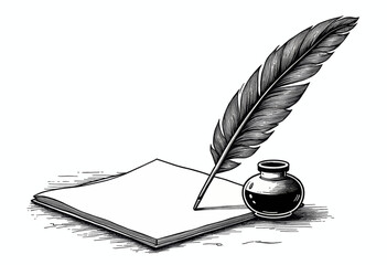 Feather Quill Pen with Inkwell on Paper Etching
