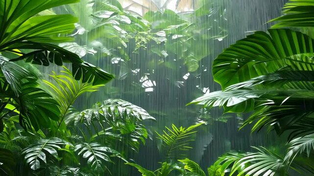 Lush rainforest landscape with abundant greenery and soft rain falling on vibrant leaves