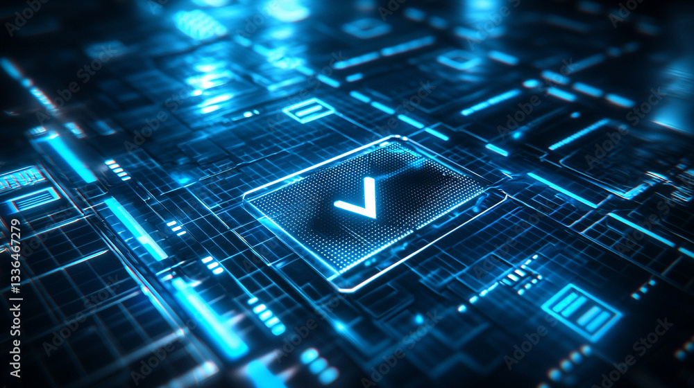 Aufkleber abstract technology background digital checkmark circuit board glow blue data cyber light lines