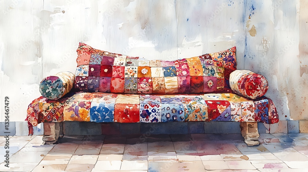 Poster colorful patchwork sofa in rustic setting