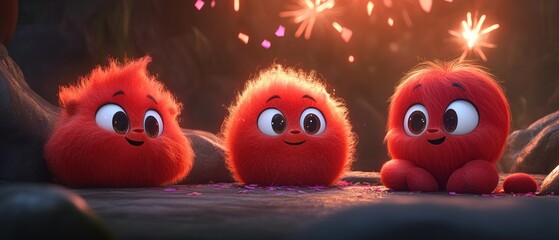 Three Red Adorable Fluffy Creatures Sharing Smiles In Dim Light
