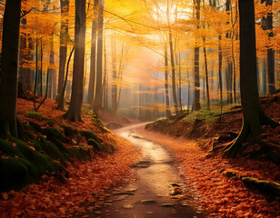 Fototapeta premium Autumnal road in the forest with golden leaves and sun rays