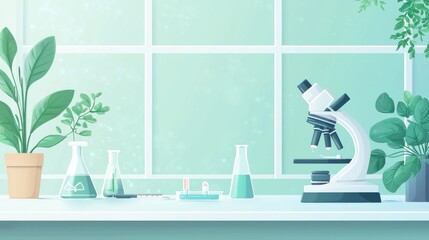 Laboratory scene featuring a microscope, glassware, and plants on a bright countertop.