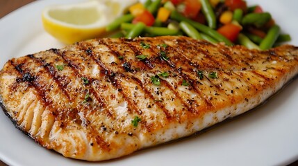 Grilled fish with green vegetable mix served with a glass