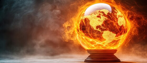 A glowing world globe encased in fiery flames and smoke