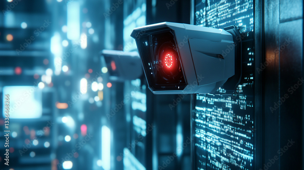 Poster futuristic security camera system digital network surveillance technology red data code blue dark
