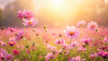 Fototapeta premium A Field of Delicate Pink Cosmos Blossoms Bathed in the Warm Glow of the Setting Sun