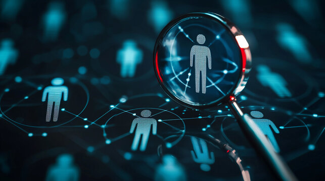 Digital network magnifying glass human resource search recruiting job web data online people global