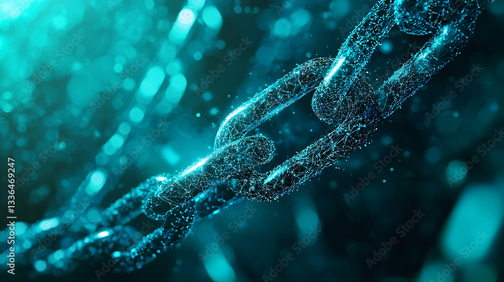 Poster abstract teal chain link digital network connection technology web art blue data green cyber nodes