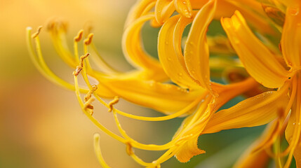 Obraz premium Extreme close-up of a rich golden-yellow honeysuckle, detailed stamens and curling petals