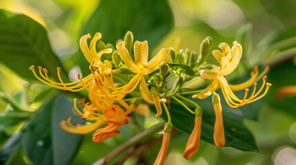 Extreme close-up of a rich golden-yellow honeysuckle, detailed stamens and curling petals