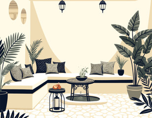 Moroccan Style Interior With Cushions and Potted Plants