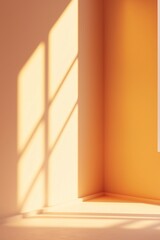 Minimalist empty room with warm sunlight casting soft window shadows on orange walls, creating a cozy and peaceful atmosphere