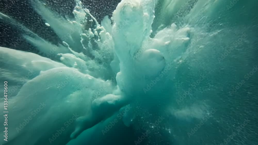 Poster massive wave crashes underwater creating dynamic patterns of foam and bubbles