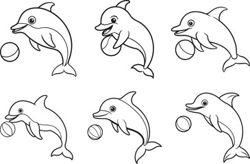 set of a cute dolphin playing with a ball line art, black outline, vector and illustration, coloring book page line art drawing