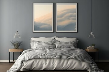 Poster Frame Mockups Above the Bed on Wall