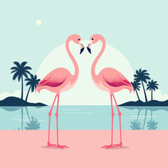 Obraz premium Pair of Pink Flamingos on Beach with Palm Trees