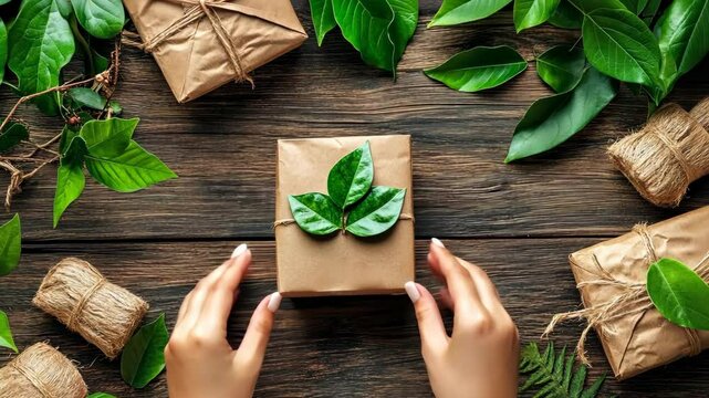 Gift wrapping with natural elements and greenery on a wooden surface in a cozy setting