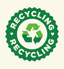 Recycling Symbol on Green Circular Badge with Hearts