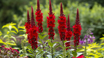 Full shot of a deep red cardinal flower (Lobelia cardinalis), bold tubular petals standing tall, vivid botanical capture