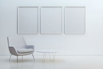 Three Empty Frames with Armchair in Modern White Interior