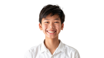 Smiling asian boy with white shirt on transparent background