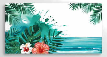 Tropical beach landscape with palm trees and flowers under a summer sky illustration