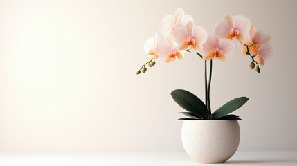Beautiful pink orchids in modern pot create serene atmosphere, perfect for home decor or relaxation