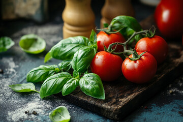 Fresh red tomatoes and green basil leaves on rustic wooden board food diet herb dark plant nature