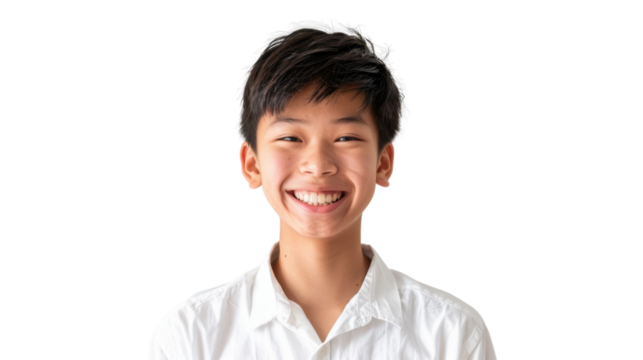 Smiling asian boy with white shirt on transparent background