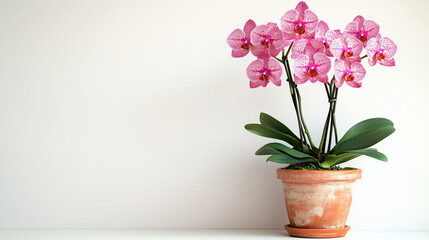 Beautiful pink orchids in terracotta pot, showcasing vibrant colors and delicate petals, perfect for home decor and adding elegance