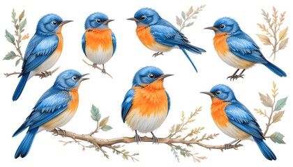 Naklejka premium Set of blue birds isolated with orange feathers, watercolor hand painted songbird, wildlife nature clip art, bird painting.