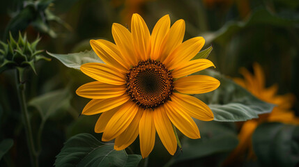 Obraz premium Full shot of a golden-yellow sunflower (Helianthus annuus), striking bloom with large vibrant petals against a blue sky