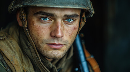 Soldier gazing thoughtfully during wartime against dark background  