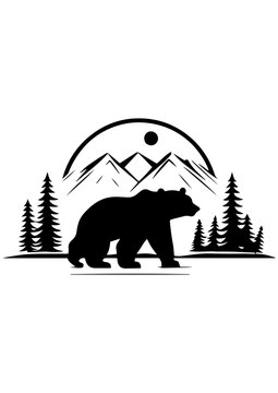 Bear vector illustration, mountain landscape, black and white line art, gift ideas, engrave laser, tattoo idea, logo design, printable, bear predator animal design