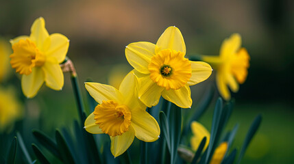 Obraz premium Full shot of a vibrant yellow daffodil (Narcissus pseudonarcissus), trumpet-shaped bloom symbolizing spring renewal