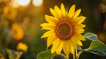 Naklejka premium Full shot of a vibrant yellow sunflower (Helianthus annuus), striking golden petals surrounding a dark center, classic summer bloom