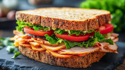 Freshly made sandwich stacked with layers of turkey, tomatoes, and lettuce on whole grain bread in a cozy kitchen