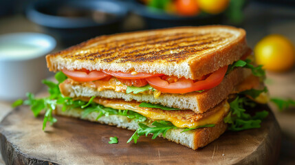 Delicious grilled sandwich with fresh vegetables served on a wooden board