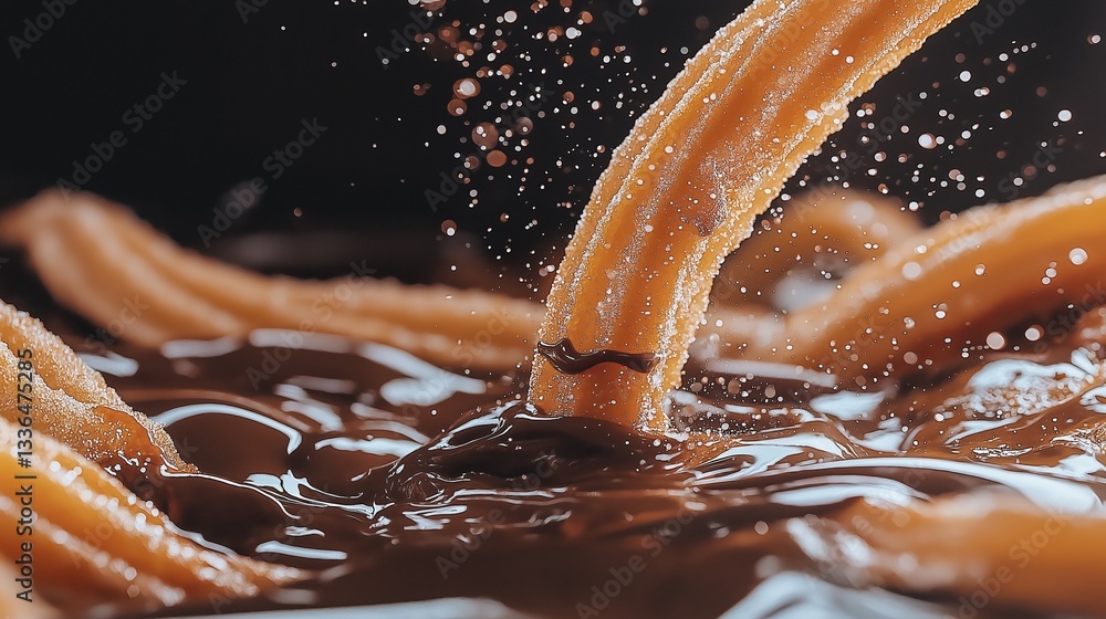 Poster close-up of a group of orange-colored churros falling into a pool of dark chocolate. the churro stic