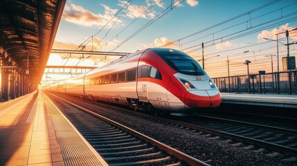Fototapeta premium Modern Train at Sunset Station