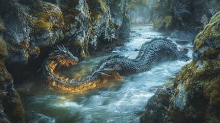 Fototapeta premium A large serpentine dragon is in a rushing mountain stream