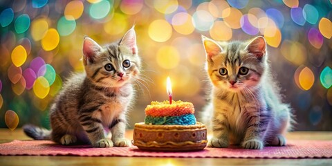 Two adorable kittens gazing at a single-candle birthday cake, a delightful scene of festive celebration and youthful innocence.