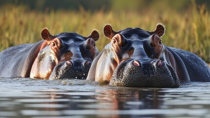 Fototapeta premium Hippos in Calm Water Scene