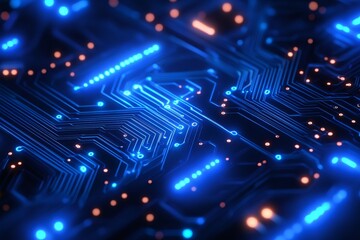 Obraz premium Futuristic printed circuit board pulsating with blue and orange lights